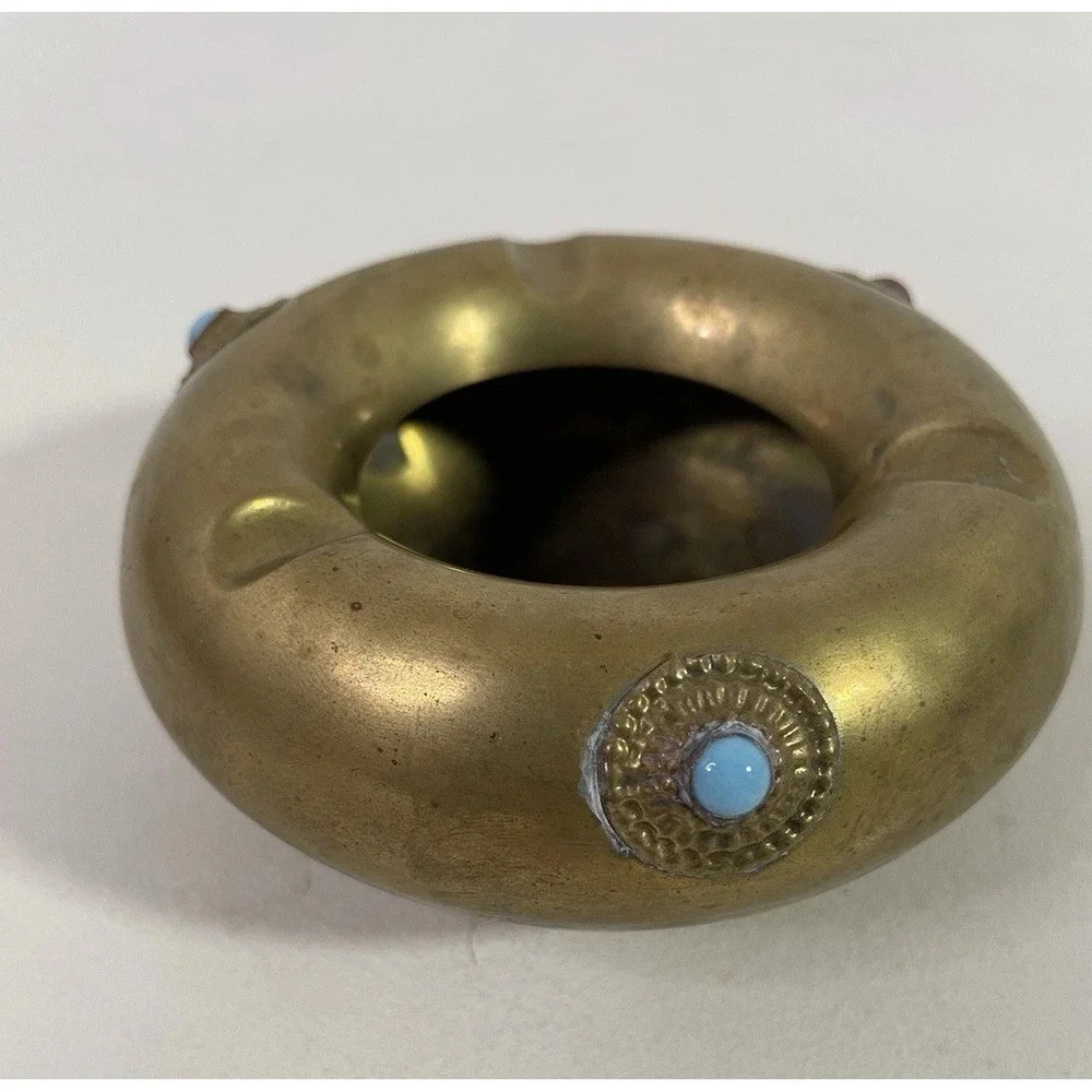 Vintage MCM Solid Brass Ashtray with Semi Precious Stones 3 Slots Man Cave Decor